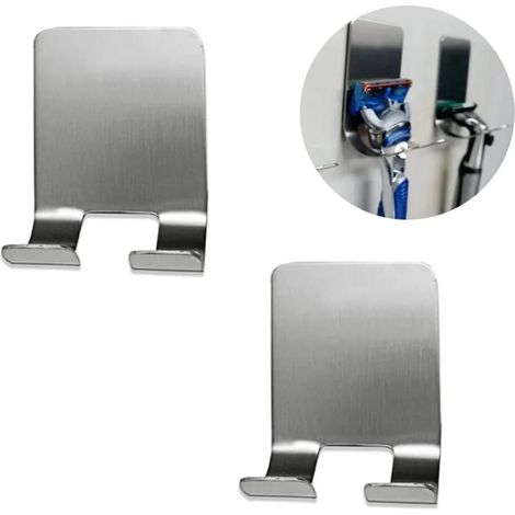 Rasierer Halter Haken, 2 Stück Rasiererhalter Selbstklebende Mehrzweckhaken Edelstahl Wasserdichte Badezimmer Haken aus Edelstahl Gebürstet Klebehaken Handtuchhaken Ohne Bohren (Silber)