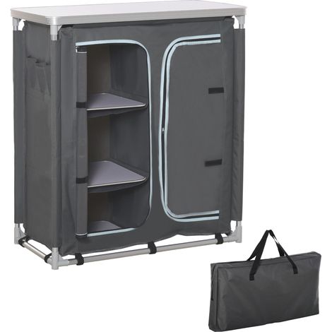 Cuisine de camping en 2 sections avec étagère à 3 niveaux, aluminium et tissu, 96 x 49,5 x 104 cm, grise