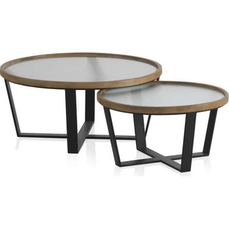 Set 2 tables basses ronde en verre et fer coloris noir - Ø 80 x Hauteur 36 cm (1/4)