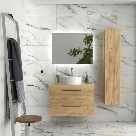 Mueble de baño Morai 80 cm Roble con tirador negro lavabo sobre encimera (1/5)