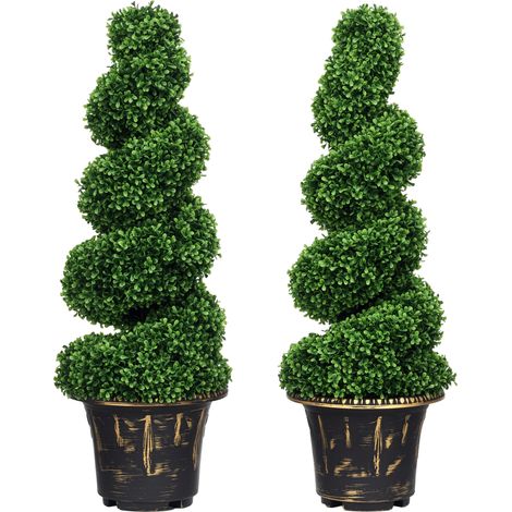 Set of 2 Artificial Plants, Topiary Spiral Boxwood Trees with Pot, for Home Indoor Outdoor Decor, 90cm
