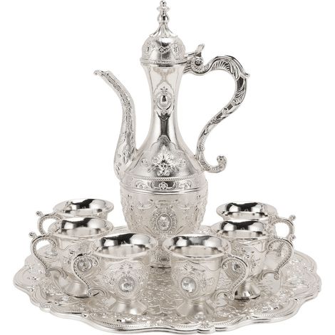 Ensemble de théière et carafe en alliage, antirouille, élégant et décoratif, style vintage, couleur argent et blanc. (1/5)