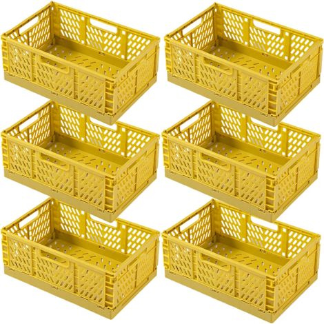 6 Caisse Pliable Jaune, Empilable Cagettes Plastique Pliable Paniers Rangement avec Poignée Panier Rangement pour Chambre à Coucher Bureau Cuisine (1/5)