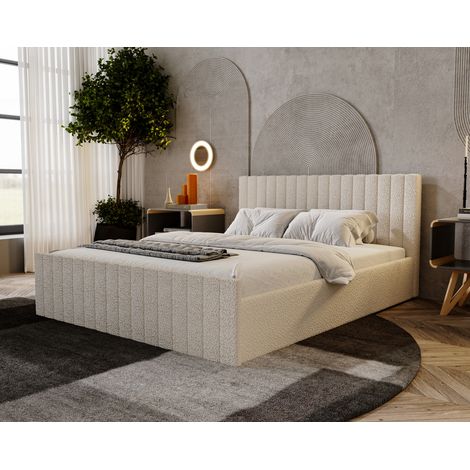 Emporius Lit double 140x200 cm Billo Slim, lit en tissu bouclé avec rangement et sommier à lattes, Crème (1/5)