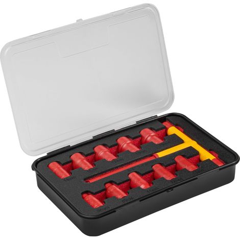 Högert Technik - Set di prese isolate con chiave a T tipo 1000 V, 11 pezzi Certificato VDE fino a 1000 Volt 10 chiavi a bussola isolate da 1 a 3/8" e 1 chiave a T con manico