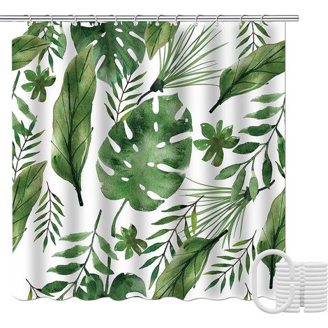 Cortina de ducha con estampado de follaje verde, 180x200 cm, lavable, de poliéster resistente al moho, con 12 ganchos. (1/5)