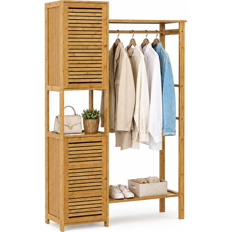 Relaxdays coat rack, bamboo, 2 cabinets, clothes rail, hooks, HWD: 164 x 99 x 29 cm, natural (1/5)