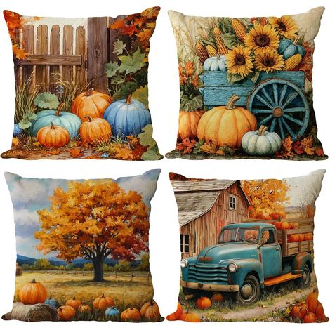 Fundas de cojín decorativas de otoño de 45x45 cm (juego de 4) con diseños de calabazas, hojas de otoño y girasoles. Decoración para sofá y sillón. (1/5)