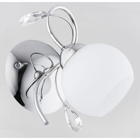 Alfa LIVIA PRO Polished Chrome Wall Sconce, White Glass Shade with Crystal Accents, 1xE27 Max 15W, Dimmable-Ready Modern Indoor IP20 Bedroom/Hallway Light 26x15x24 cm