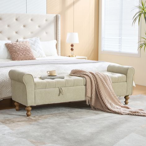 Banc moderne à deux couvercles avec espace de rangement, repose-pieds en velours avec accoudoirs roulés, convertible en lit de jour, pieds en hévéa, pour salon, entrée, chambre, couleur : gris-beige (1/4)