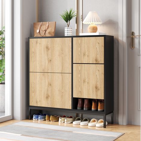 Zapatero 100x25x100 cm de MDF negro y natural, 3 abatibles y banco extraíble – MEUBLIV (1/5)