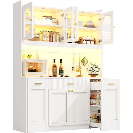 Armario Alto de Cocina con 3 Vitrinas de Cristal, LED RGB con Aplicación, MDF, 120x40x187 cm, Blanco (1/5)