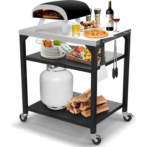 Tischwagen für Ninja Holzofen-Pizzaofen, Blackstone Grillplatte, Weber Q, großer Mehrzweck-Küchenwagen auf Rädern, Edelstahl-Grillständer für den Außenbereich mit 3 (1/5)