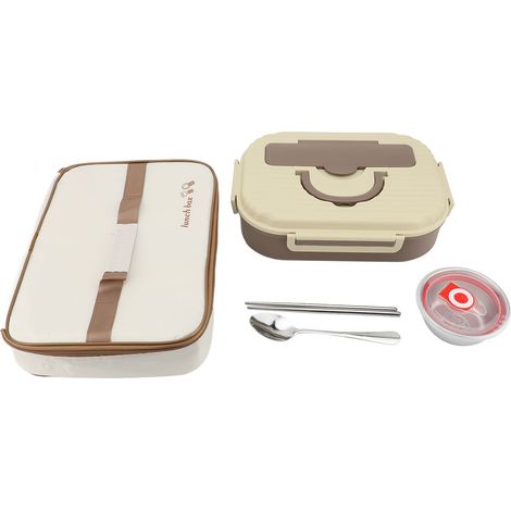 Contenitore per il pranzo con ciotola per zuppa, bacchette, cucchiaio in acciaio inox 304, 4 scomparti spessi, adatto al microonde, contenitore termico per alimenti per ufficio, scuola, colore kaki. (1/3)