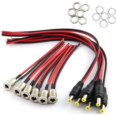 Kit d'adaptateurs de montage DC, 6 x fiches creuses DC (avec cable) 6 x prise jack d'alimentation DC Adaptateur de prise DC 5,5 x 2,1 mm pour audio/vidéo/téléphone portable/caméras de surveillance (1/4)