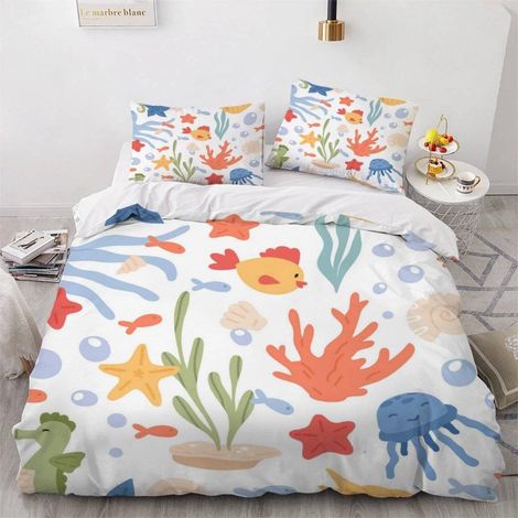Housse de Couette 140x200 Enfant Poisson Mignon Parure de Lit 1 Personne Microfibre Housse de Couette La Vie Marine Et Les Plantes 3D Imprimé Literie Set 3 Pièces avec Fermeture Éclair - 140x200+2x50x (1/5)