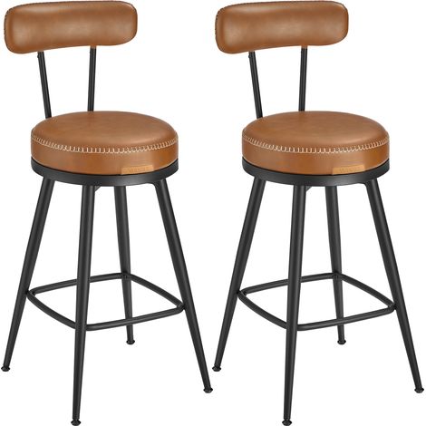 Vasagle – Lot de 2 tabourets de bar marron – Siège rembourré en PU – Hauteur 65 cm – Style moderne mi-siècle – Pour cuisine et bar