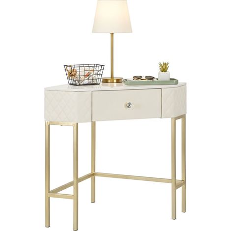 Dmora - Consola Viscardo, Mesa multiusos, Gabinete de soporte, Escritorio de pasillo, 85x60 h77 cm, Blanco y Oro