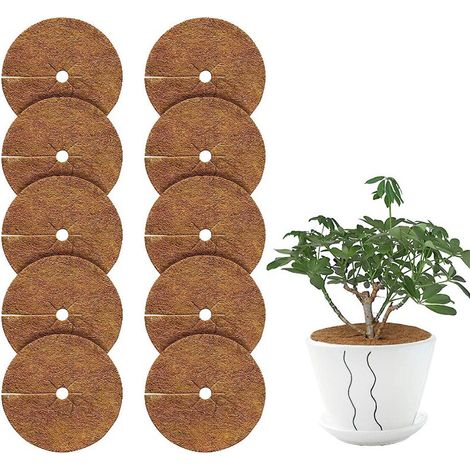 10 esteras de fibra de coco para macetas - esteras de fibra de coco - abertura redonda - esteras planas - control de malezas - prevención de fugas - protección del suelo (1/3)