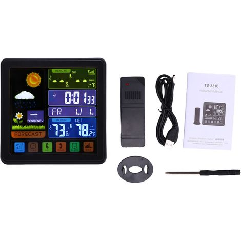 Kabellose Wetteruhr mit Multifunktions-Touchscreen, Farbdisplay, Anzeige von Innen- und Außentemperatur, Luftfeuchtigkeit, Wettervorhersage mit Hintergrundbeleuchtung – Crezuo