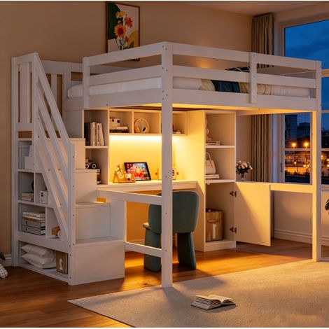 Lit mezzanine enfant en bois 140x200 cm lit adulte avec bureau, rangements, LED et prises EU, blanc (1/5)