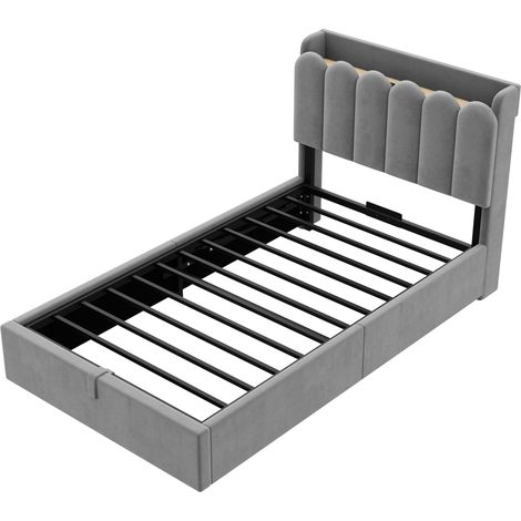 Lit enfant 90 x 200 cm en velours gris avec rangement hydraulique et sommier (1/5)