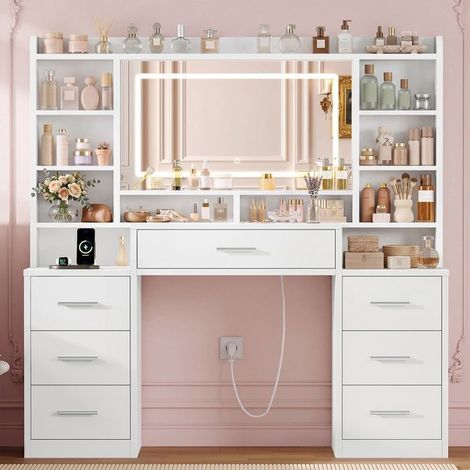 Coiffeuse - TEENFON moderne - LED miroir 3 couleurs - 7 tiroirs - Station de charge (prises) (1/5)