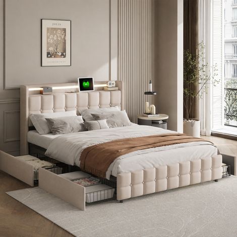Lit 160x200 cm avec sommier LED et USB, Lit 2 personnes avec 4 tiroirs de rangement, Tête de lit rembourré avec sommier à lattes en bois, Cadre de lit double 160x200, Lin, Beige (1/5)