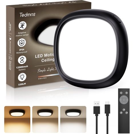 Plafonnier Sans Fil Rechargeable USB, Lumiere Douche Etanche IP54 Batterie 12000mAh, Télécommande, Dimmable, Lampe Plafond LED Pile avec Detecteur Mouvement pour Garage Interieur Salle Bain (1/5)