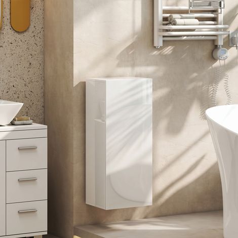 Meuble Mural de Salle de Bain, Étagère Réglable en Verre Trempé, Porte sans Poignée, Moderne, 30x23,4x71,2cm, Blanc (1/5)