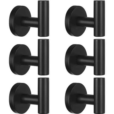 Crochets porte-serviettes Irovami - Lot de 6, acier inoxydable, noir mat, anti-rouille, fixation murale, pour salle de bain/cuisine/hôtel (1/5)