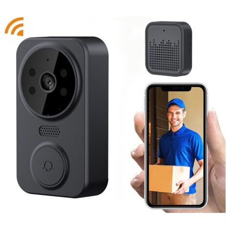 Sonnette intelligente sans fil avec interphone avec vision nocturne, caméra de sécurité Wi-Fi, audio bidirectionnel, noir (1/5)