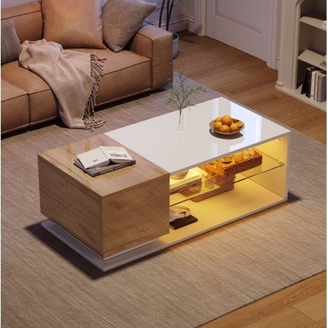 Table basse LED 105x50x36 cm blanc et chêne en panneau de particules avec rangement et finition brillante (1/5)