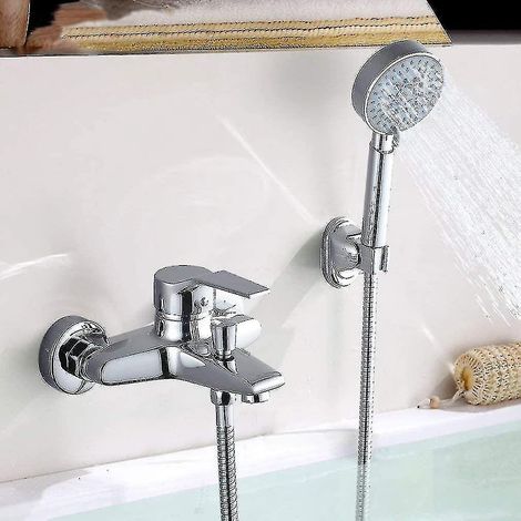 Badewannenarmatur mit Handbrause, verchromter Duschmischer mit Wasserfalleffekt, Halterung und Schlauch, 150 cm lange, wandmontierte Badewannenarmatur für Badezimmer - (1/5)