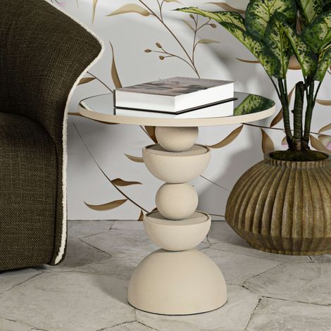 Couchtisch Famefali, runde Form, transparente Tischplatte, Struktur aus Glas, 45x45x50h cm, Cremeweiß (1/5)