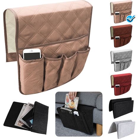 Housse de rangement antidérapante pour accoudoir de canapé ou fauteuil inclinable, double face, avec 5 poches pour téléphone, livre, magazines et télécommande - 89 cm x 33 cm (1/5)