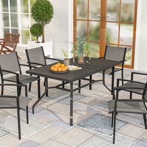 Table de jardin 152 x 90 cm, table de balcon résistante aux intempéries en acier, table d'appoint avec trou pour parasol, design à lattes noires (1/5)