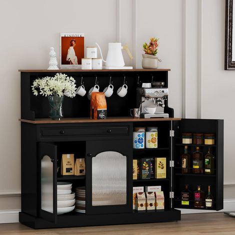 Küchenschrank mit Arbeitsplatte, schwarzer Buffetschrank mit Schublade und Glaselementen (1/5)