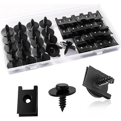 Kit di clip per viti e dadi FOREHILL da 40 pezzi, dadi di fissaggio per parafanghi auto, kit di supporto per passaruota a U, per pannelli interni delle portiere auto, nero (1/4)