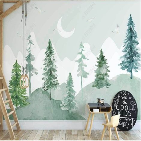 Papier peint foret sapins aquarelle sous la lune 1 - 400 x 260 cm (1/2)
