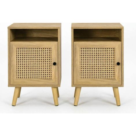 Set de 2 mesitas de noche compactas en aglomerado, MDF y ratán natural (1/4)