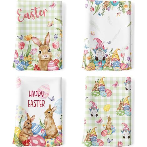 Lot de 4 Torchons de Cuisine Pâques Lapin Décoratif Essuie Main Absorbante 100% Coton GNOME Fleur Torchon Vaisselle Saisonnier Cadeaux pour Crémaillère et Cuisine 48 cm x 70 cm (1/5)