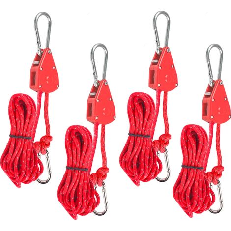 Lot de 4 cordes réglables à cliquet avec tendeurs de corde, sangles à cliquet suspendues, réfléchissantes, légères, avec crochets, pour tentes de camping, auvents (rouge, 4 mm x 4 m) (1/5)