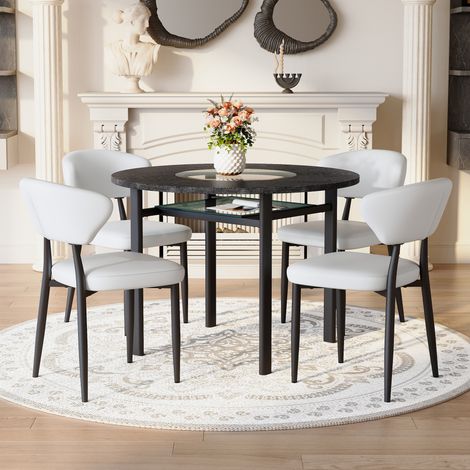 Conjunto Mesa y 4 Sillas de Comedor en Cristal, MDF y Metal, Negro y Blanco (1/5)