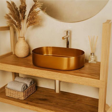 Exagonshop Lavabo 55x35 da appoggio con valvola e flessibile oro