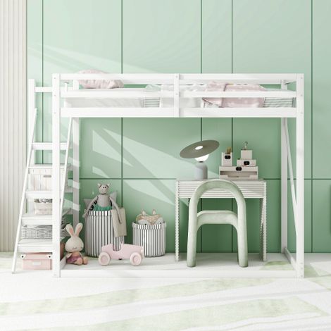 Lit Mezzanine Enfant 140x200 Bois Massif avec Échelle Sécurité et Sommier Lattes Blanc