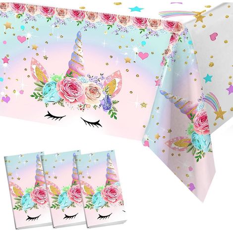 Einhorn Tischdecke 3 Stück für Kindergeburtstag, Rosa Blau, 220x130cm
