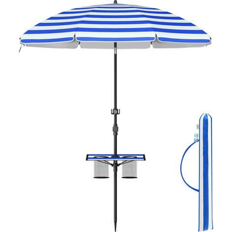 Parasol 160 cm, UPF 50+, Inclinaison de 30° des 2 Côtés, Hauteur Réglable, Petite Tablette, Crochets, Adapté pour Plage, Jardin, Sans Base, Bleu et Blanc (1/5)