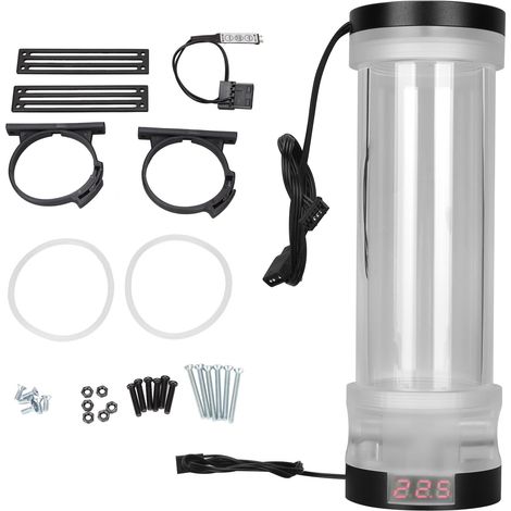 Réservoir de refroidissement à eau transparent 210mm avec affichage de température, éclairage RGB et trous G1/4 - Noir et Rouge (1/5)