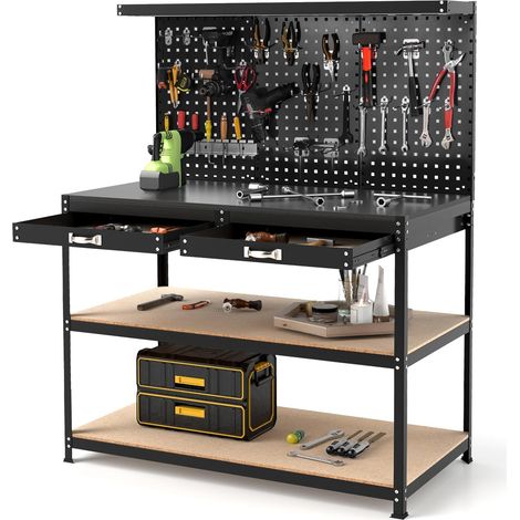 GOPLUS Établi à Outils avec Panneau Perforé,Tiroirs,Étagères,23 Crochets,Porte-Tournevis,Charge 230KG-121x61x156CM,Noir (1/5)